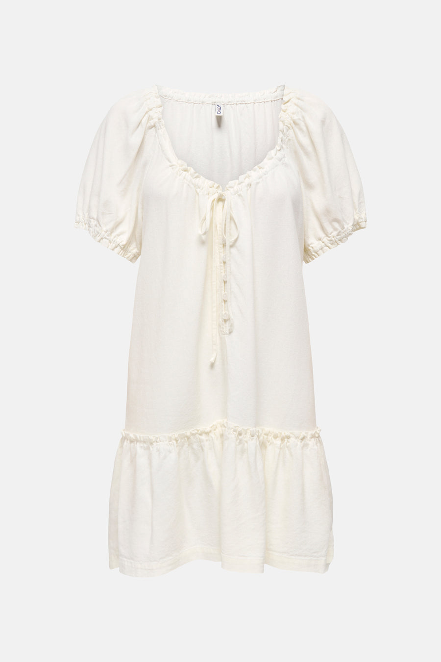 Robe écru à manches courtes de ONLY, avec volants, boutons et cordon de serrage.