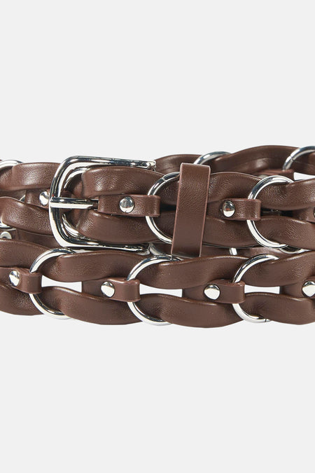Bruine leren riem van ONLY® met zilverkleurige gesp en geweven ringen.