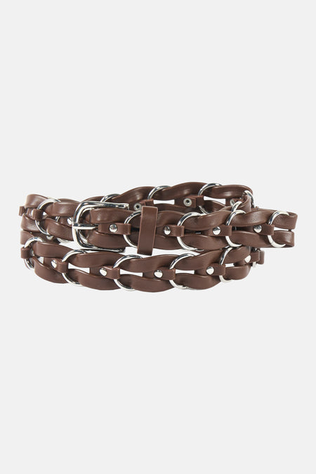 Ceinture en cuir marron de ONLY® avec boucle argentée et anneaux tressés.