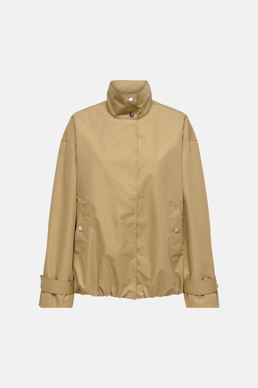 Manteau court beige de JDY avec manches longues et col montant, vu de dos.