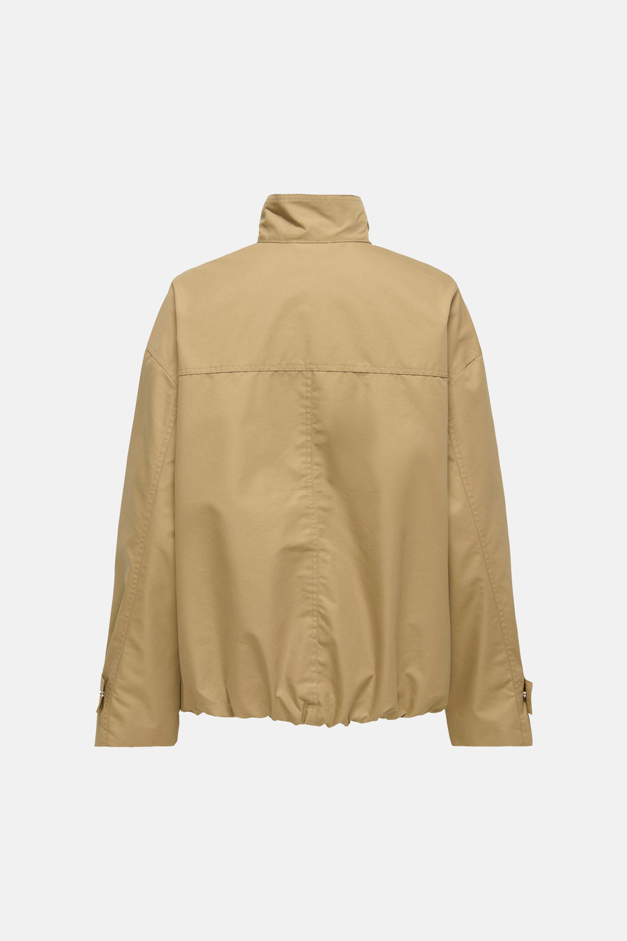 Beige korte jas van JDY met lange mouwen en een hoge kraag, gezien van achteren.
