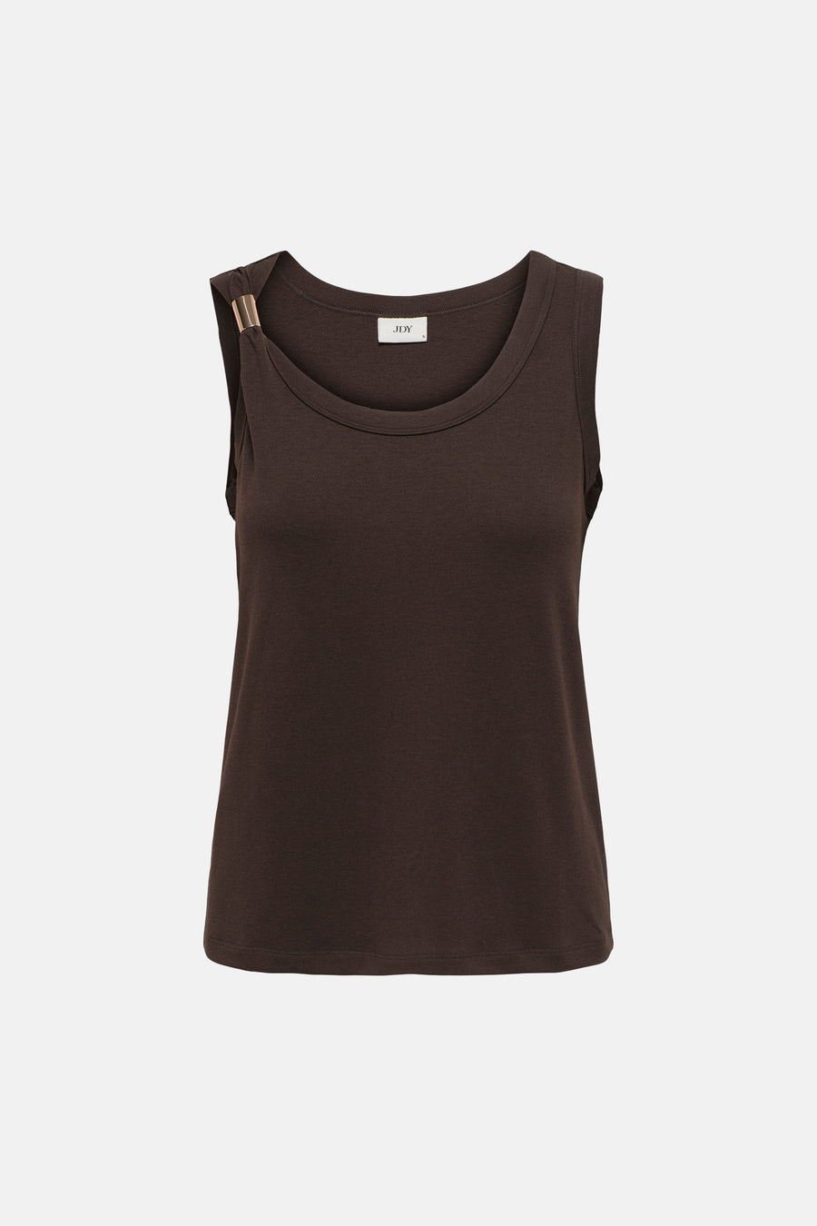 Haut marron sans manches de JDY avec col rond et une boucle dorée sur l'épaule gauche.