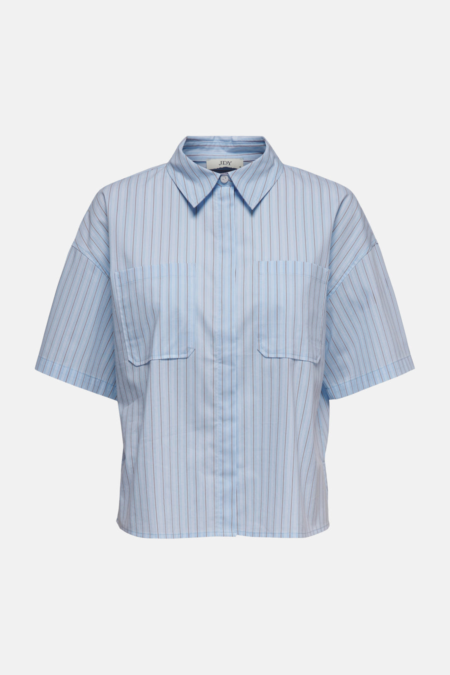 Chemise bleu clair à manches courtes de JDY, avec fines rayures verticales marron et blanches, dos.