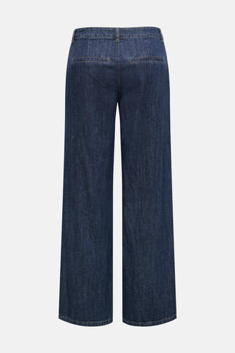 Donkerblauwe wide-leg jeans van JDY, gezien vanaf de achterkant met platte zakken en een lichte denimtextuur.