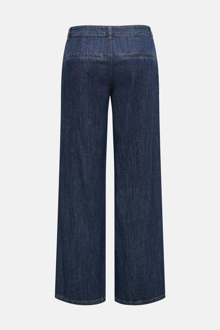 Donkerblauwe wide-leg jeans van JDY, gezien vanaf de achterkant met platte zakken en een lichte denimtextuur.