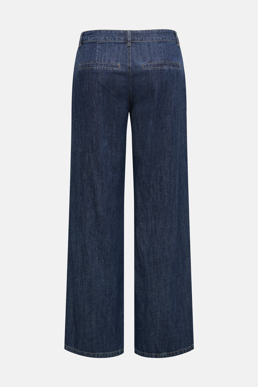 Donkerblauwe wide-leg jeans van JDY, gezien vanaf de achterkant met platte zakken en een lichte denimtextuur.