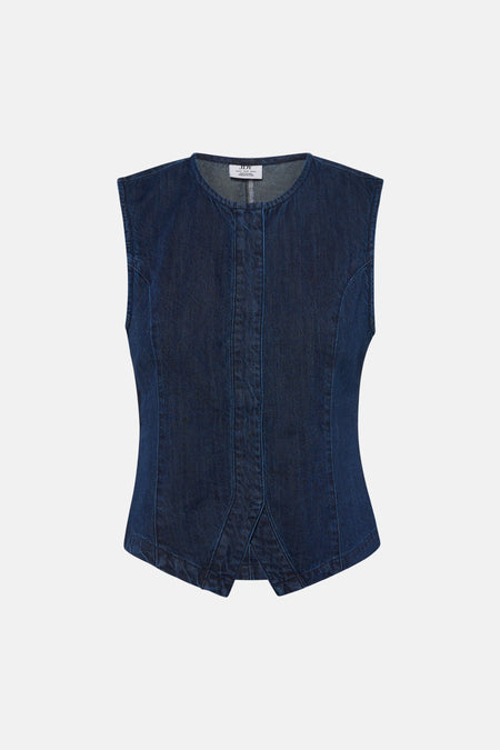 Blouse sans manches en denim bleu foncé de JDY avec col rond, coutures verticales et petites fentes à l'avant.