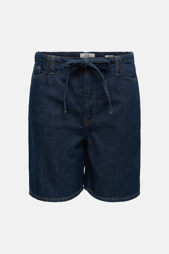 Short en jean bleu marine de JDY, avec taille élastique et deux poches plaquées à l'arrière, vue de dos.