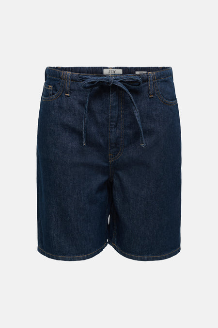 Short en jean bleu marine de JDY, avec taille élastique et deux poches plaquées à l'arrière, vue de dos.