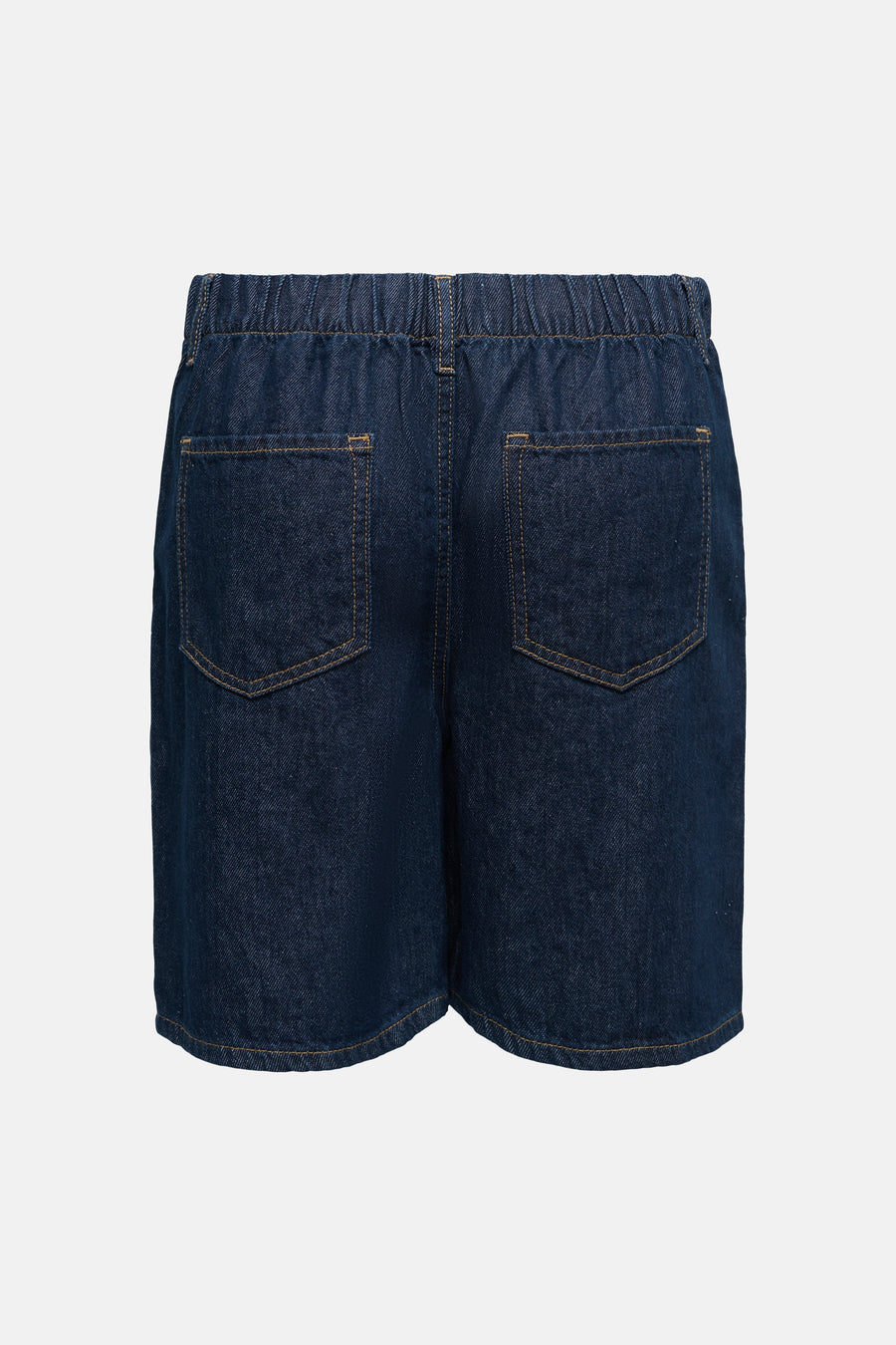 Donkerblauwe denim short van JDY, met elastische tailleband en twee opgestikte achterzakken, vanuit de achterzijde gezien.