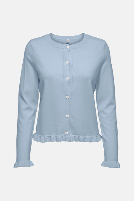 Veste bleue ONLY avec longues manches et plis à la base et aux extrémités des manches.