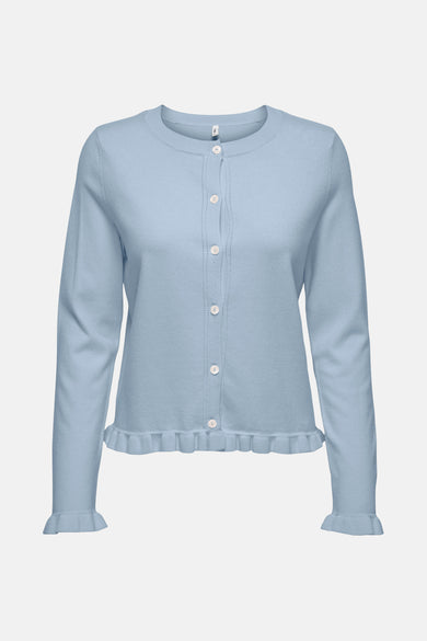 Veste bleue ONLY avec longues manches et plis à la base et aux extrémités des manches.