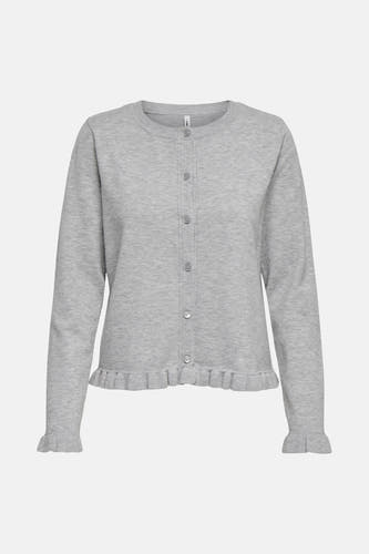 Cardigan gris d'ONLY, avec des manches longues, une fermeture à boutons et un léger volant au bas et aux extrémités des manches.