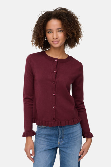 Cardigan Bordeaux de ONLY, avec des manches longues, une fermeture à boutons et des petites fronces au bas et aux extrémités des manches.
