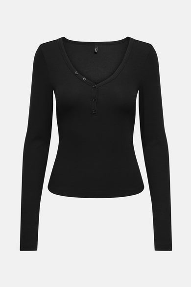 T-shirt noir à manches longues de ONLY, avec col en V et fermeture à boutons.