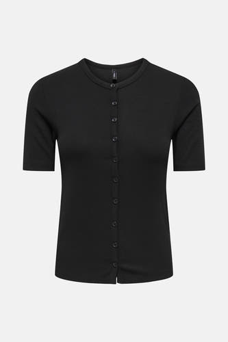 T-shirt noir à manches courtes de ONLY, avec col boutonné et texture côtelée.