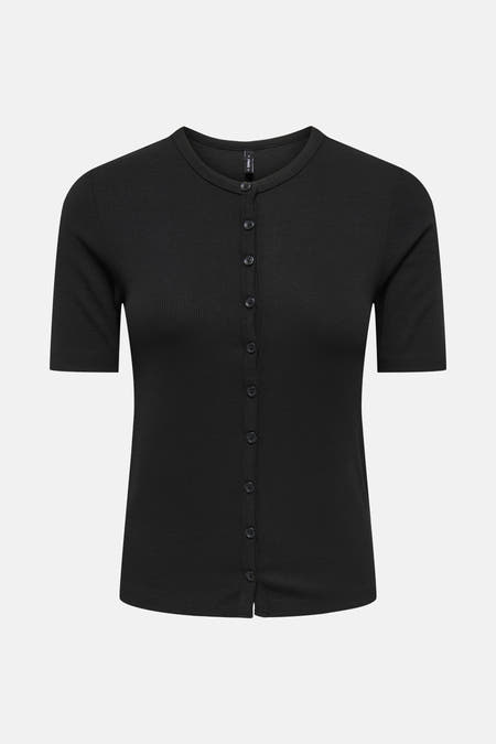 T-shirt noir à manches courtes de ONLY, avec col boutonné et texture côtelée.