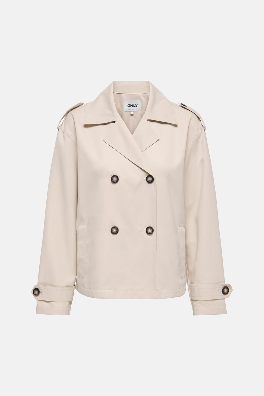 Manteau court beige de ONLY, avec double boutonnage et épaulettes sur les épaules.
