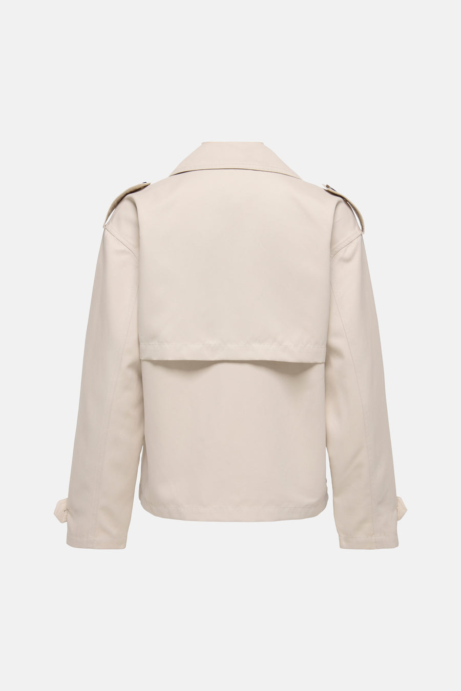 Manteau court beige de ONLY, avec col et épaulettes sur les épaules, vu de dos.