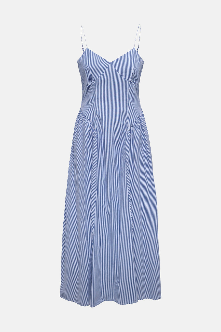 Une robe bleue à rayures sans manches de ONLY® avec des fines bretelles et un col en V, et une jupe plissée évasée.