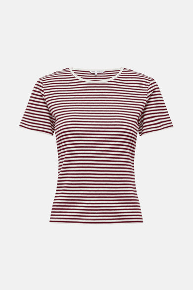 T-shirt rayé de Bordeaux à manches courtes d'ONLY avec des accents blancs au col et aux manches.