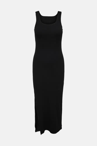 Robe noire sans manches ONLY® en maille côtelée longueur midi avec encolure carrée et fente latérale.