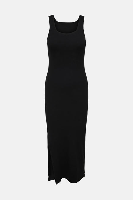 Robe noire sans manches ONLY® en maille côtelée longueur midi avec encolure carrée et fente latérale.