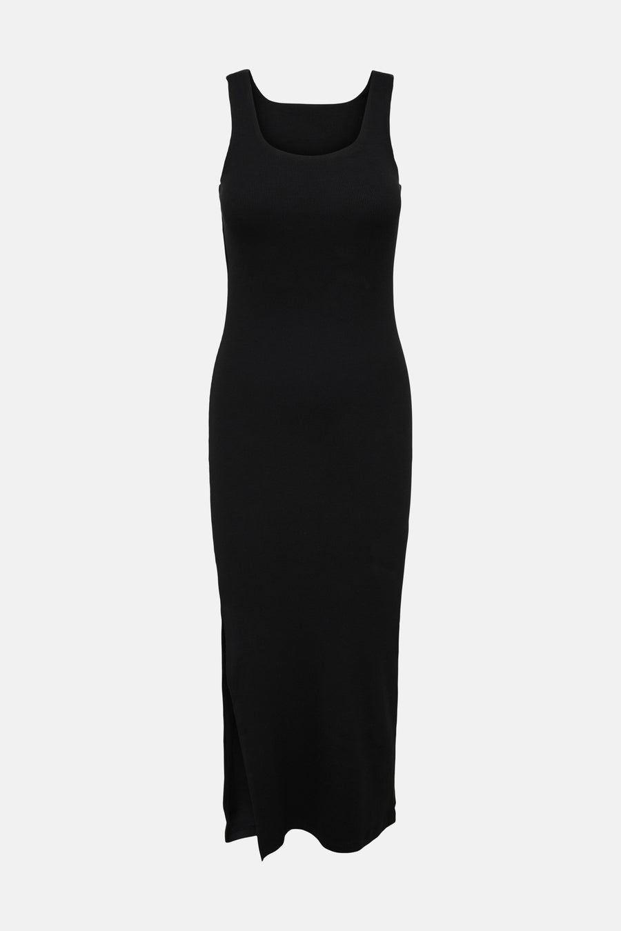 Robe noire sans manches ONLY® en maille côtelée longueur midi avec encolure carrée et fente latérale.