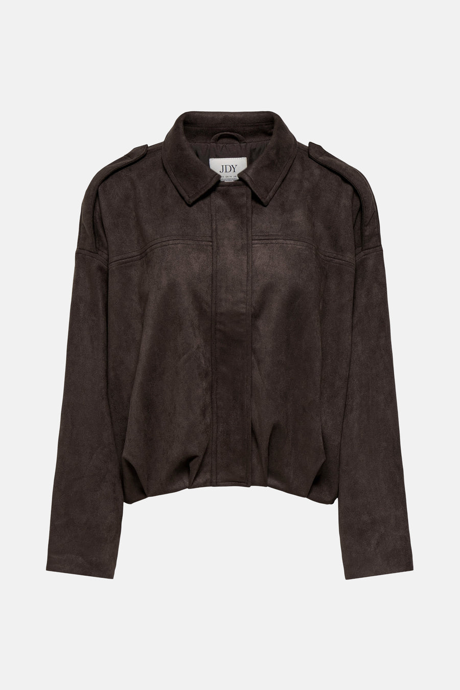 Donkerbruin suèdeachtig jasje met kraag.