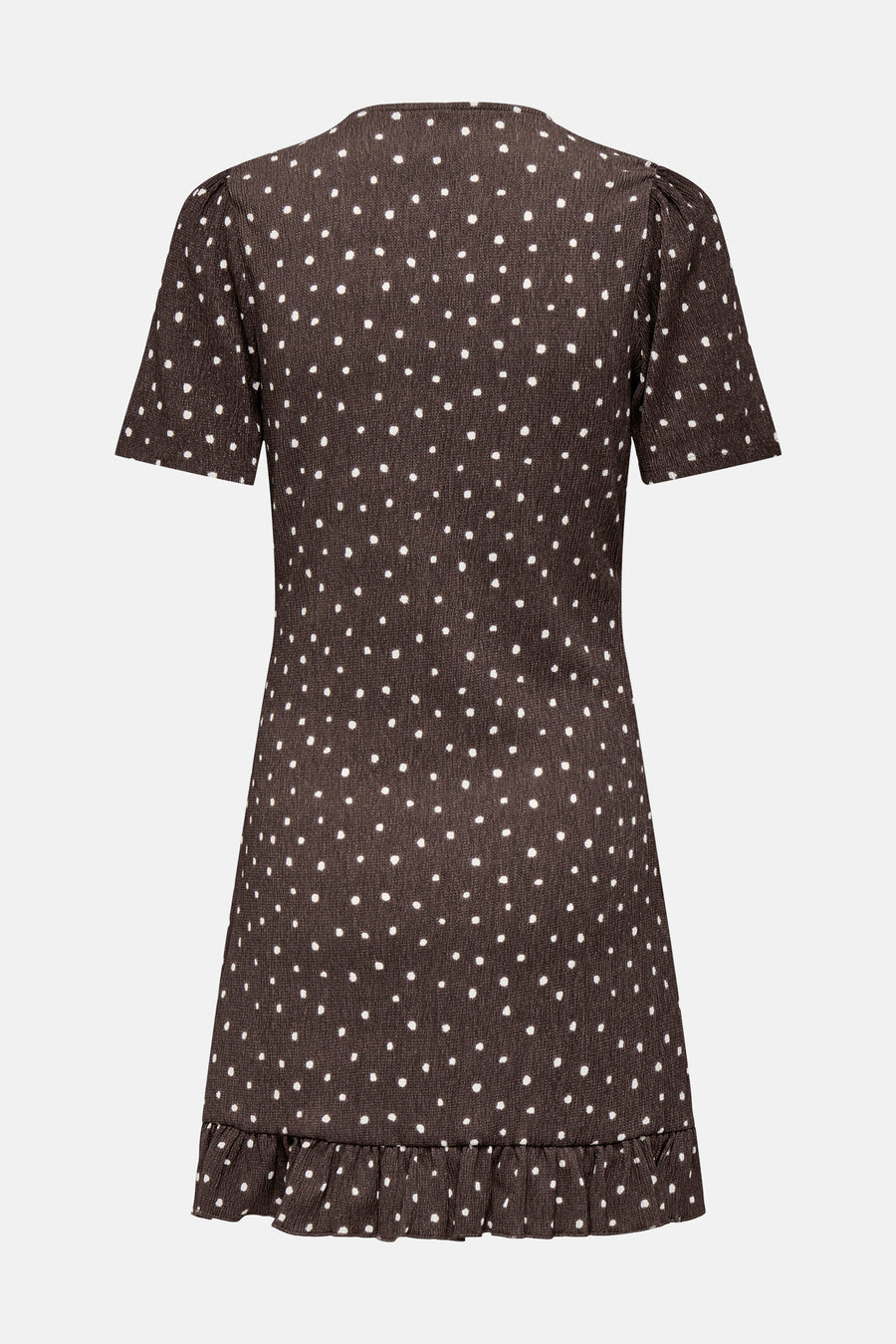 Robe marron foncé ONLY® à manches courtes bouffantes, pois blancs, volants à l'ourlet et col en V dans le dos.