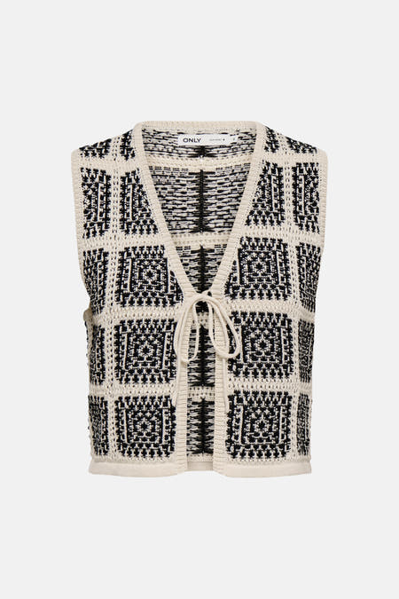 Gilet en maille écru, de ONLY, avec un motif à blocs noir et écru dans le dos.