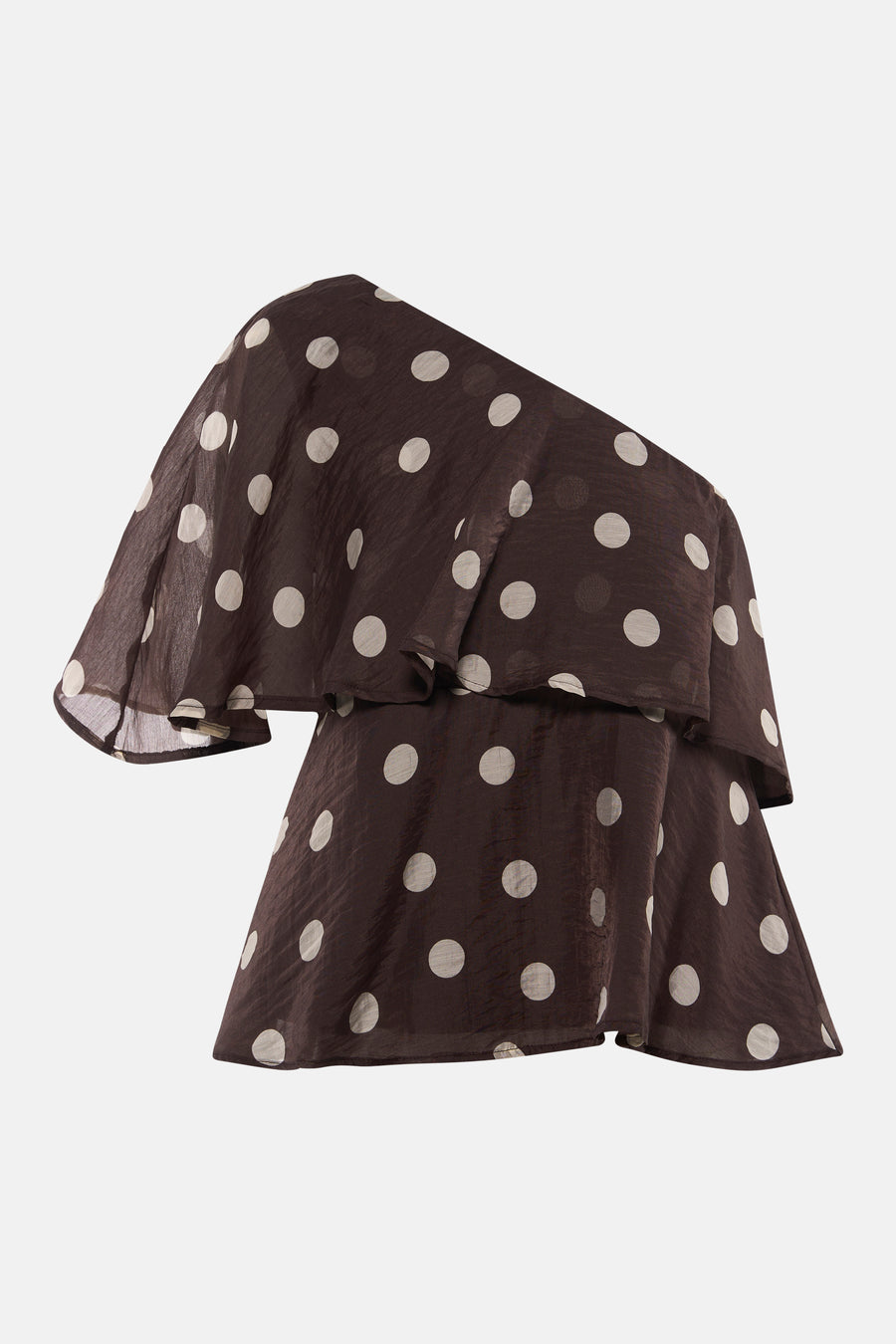 Chemisier marron à manches courtes de JDY, en tissu semi-transparent à pois blancs, modèle asymétrique et à volants.