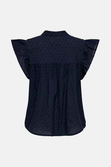 Blauwe blouse met korte mouwen van JDY, met fijne stippen en ruches op de mouwen, rugzijde.
