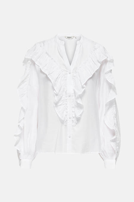 Blouse blanche à longues manches ONLY, avec des volants sur les épaules.