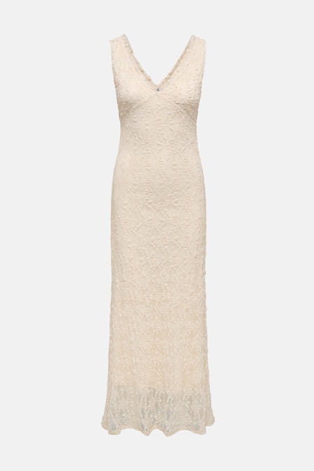 Robe sans manches écru d'ONLY® avec col en V, coupe longue et texture en dentelle florale.