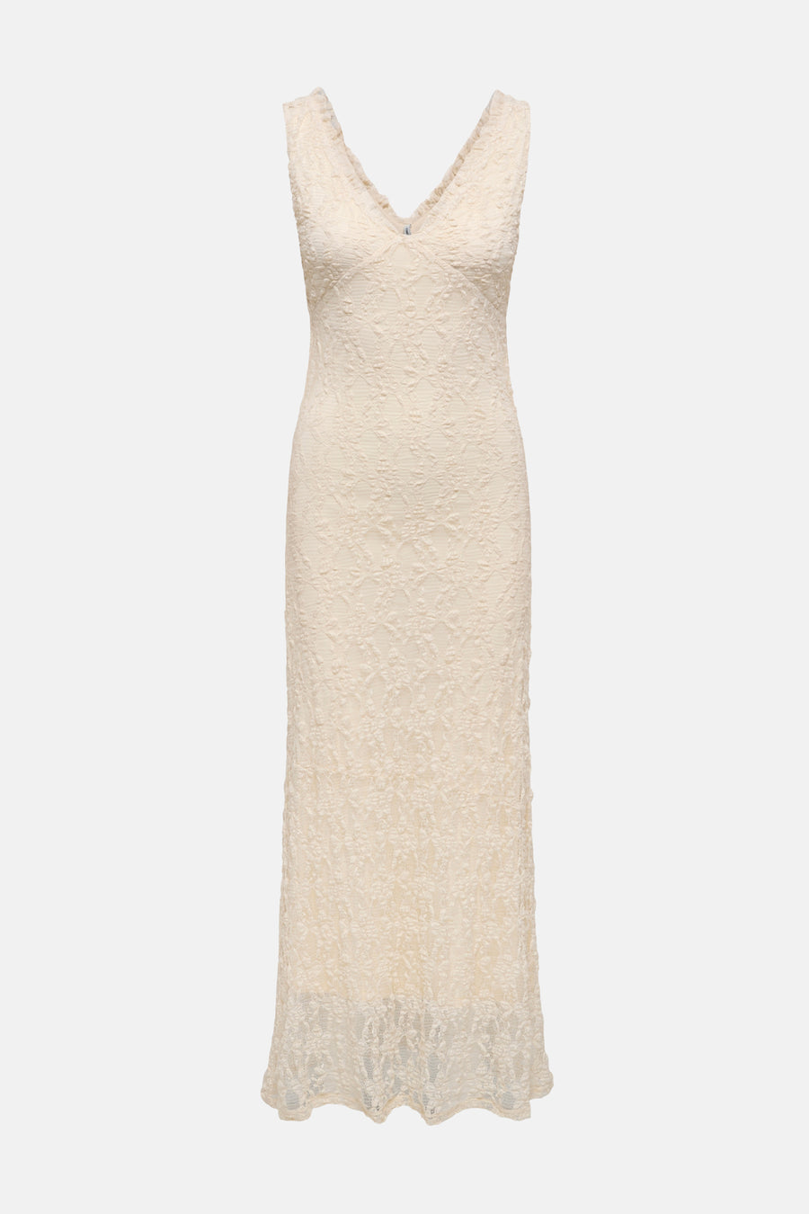 Robe sans manches écru d'ONLY® avec col en V, coupe longue et texture en dentelle florale.