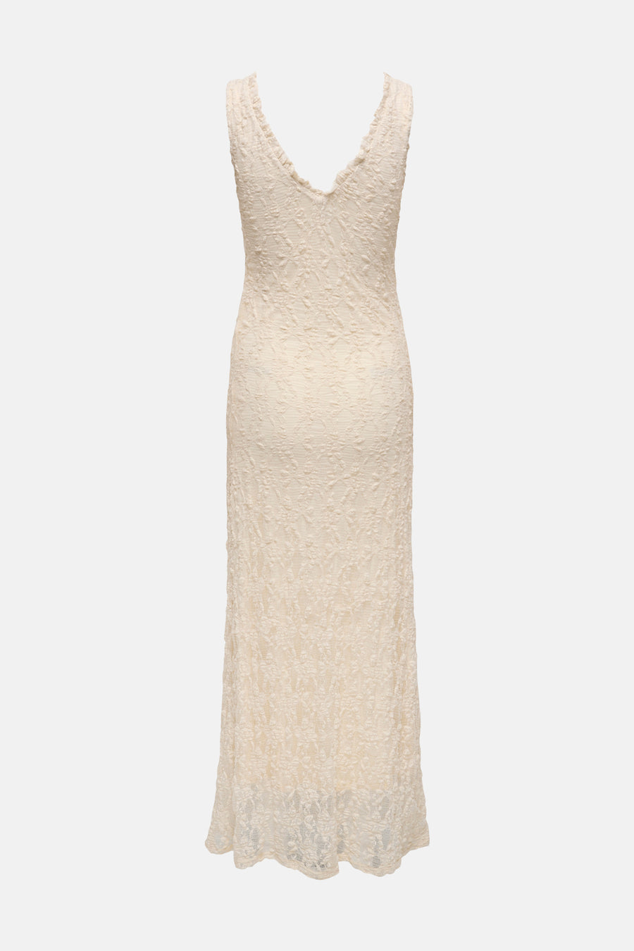 Robe sans manches écru de ONLY® avec encolure en V festonnée et motif en dentelle florale sur toute la surface, dos.