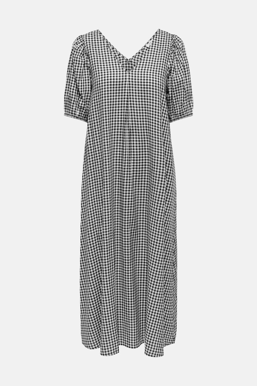 Robe à carreaux noirs et blancs à manches courtes de JDY, avec un col en V et une jupe évasée.
