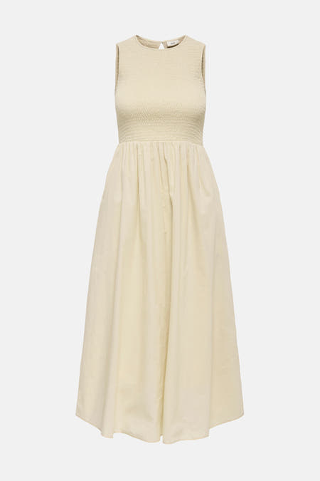 Robe sans manches beige de JDY avec un corsage smocké et une jupe évasée.