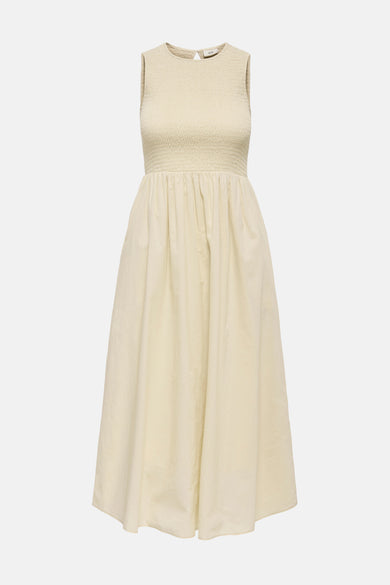 Robe sans manches beige de JDY avec un corsage smocké et une jupe évasée.