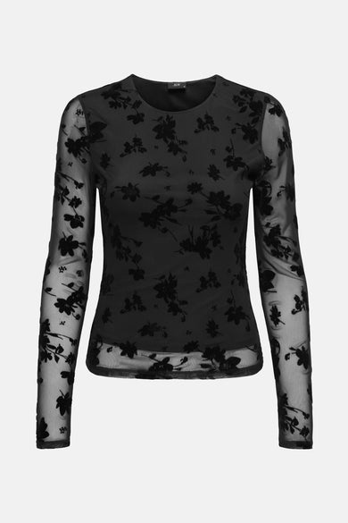 Blouse noire à manches longues de JDY, en tissu transparent et avec un motif floral.