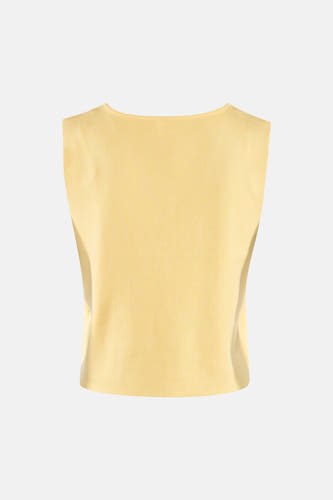 Gele gebreide gilet van ONLY®, achterkant weergegeven, fijne ribstructuur, eenvoudig design