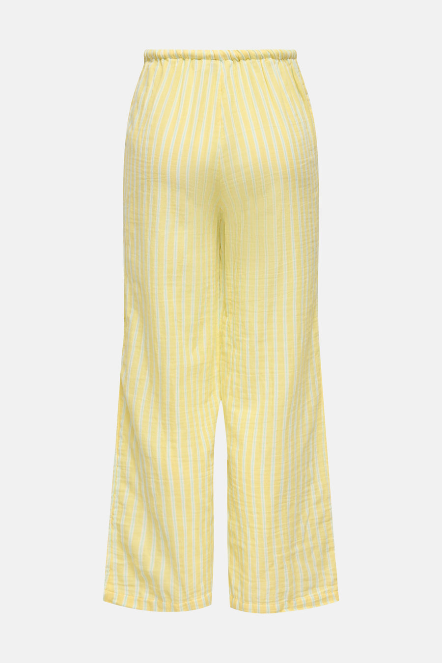 Gele gestreepte broek van ONLY® met elastische tailleband, achterkant.