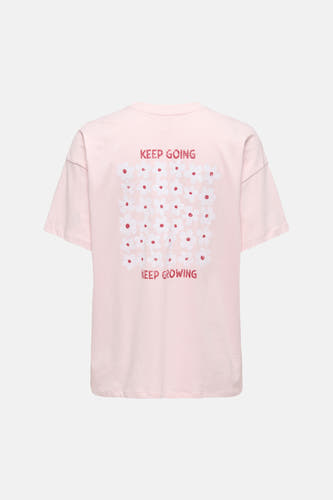 Roze T-shirt met korte mouwen van ONLY®, bedrukt met "KEEP GOING", witte bloemen met rode stippen en "KEEP GROWING" op de rug.