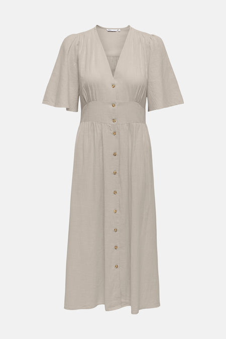 Robe beige à manches courtes de ONLY, avec une taille élastique et des plis sur le dessus.