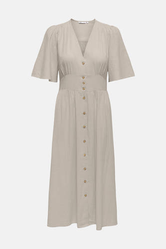 Robe beige en tissu légèrement texturé à manches courtes de ONLY®, avec col en V et fermeture boutonnée sur le devant.