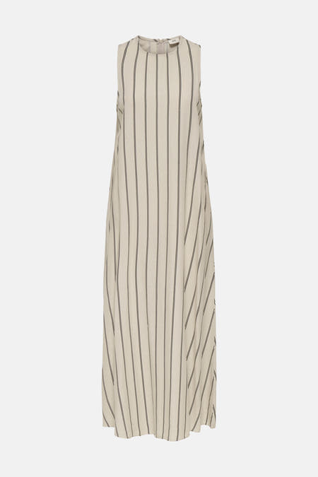 Robe sans manches écru de JDY avec rayures noires verticales et une fermeture éclair au dos.