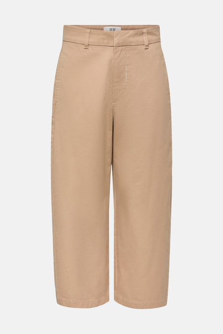 Pantalon beige 7/8 de JDY à jambes larges, passants de ceinture et braguette, plat en vue de face.