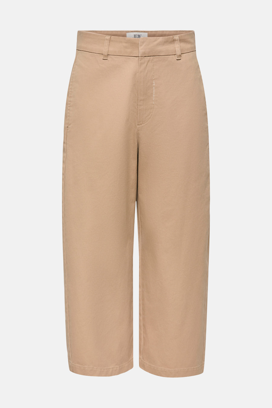 Pantalon beige 7/8 de JDY à jambes larges, passants de ceinture et braguette, plat en vue de face.
