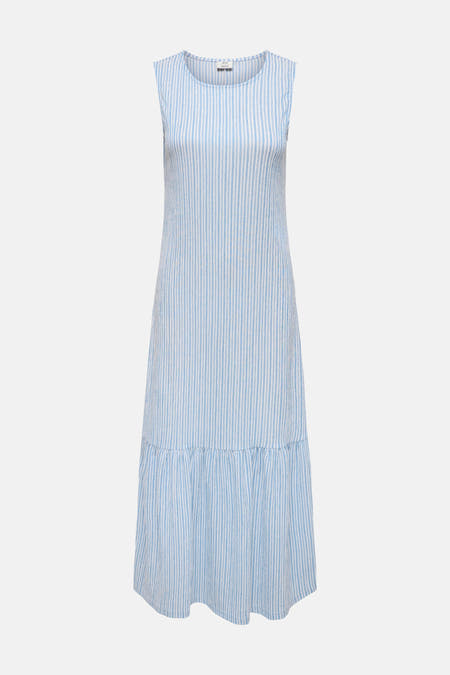 Robe sans manches à rayures bleues et blanches de JDY avec tissu texturé et volants en bas, vue arrière.